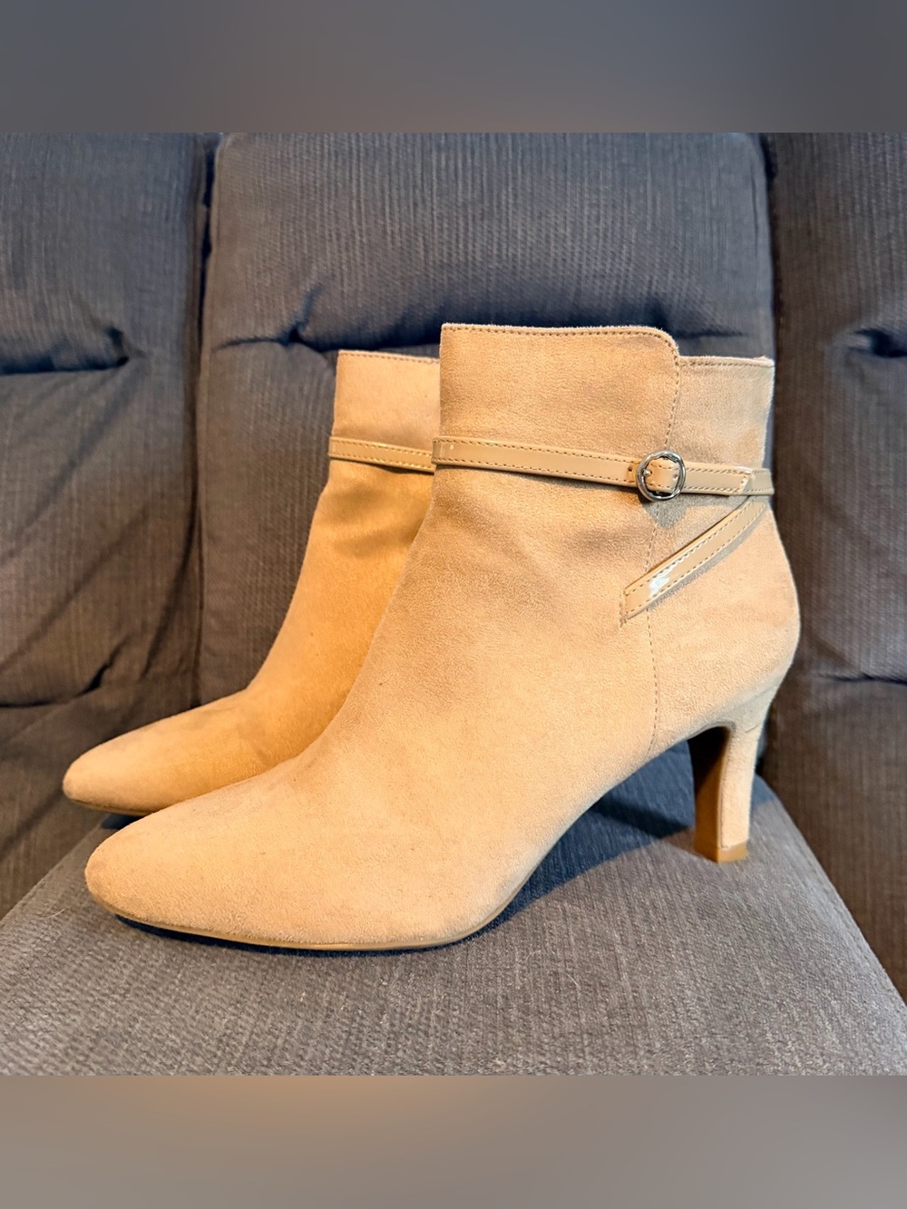 Life Stride Tan Pointed Toe Ankle Booties with Buckle Strap
